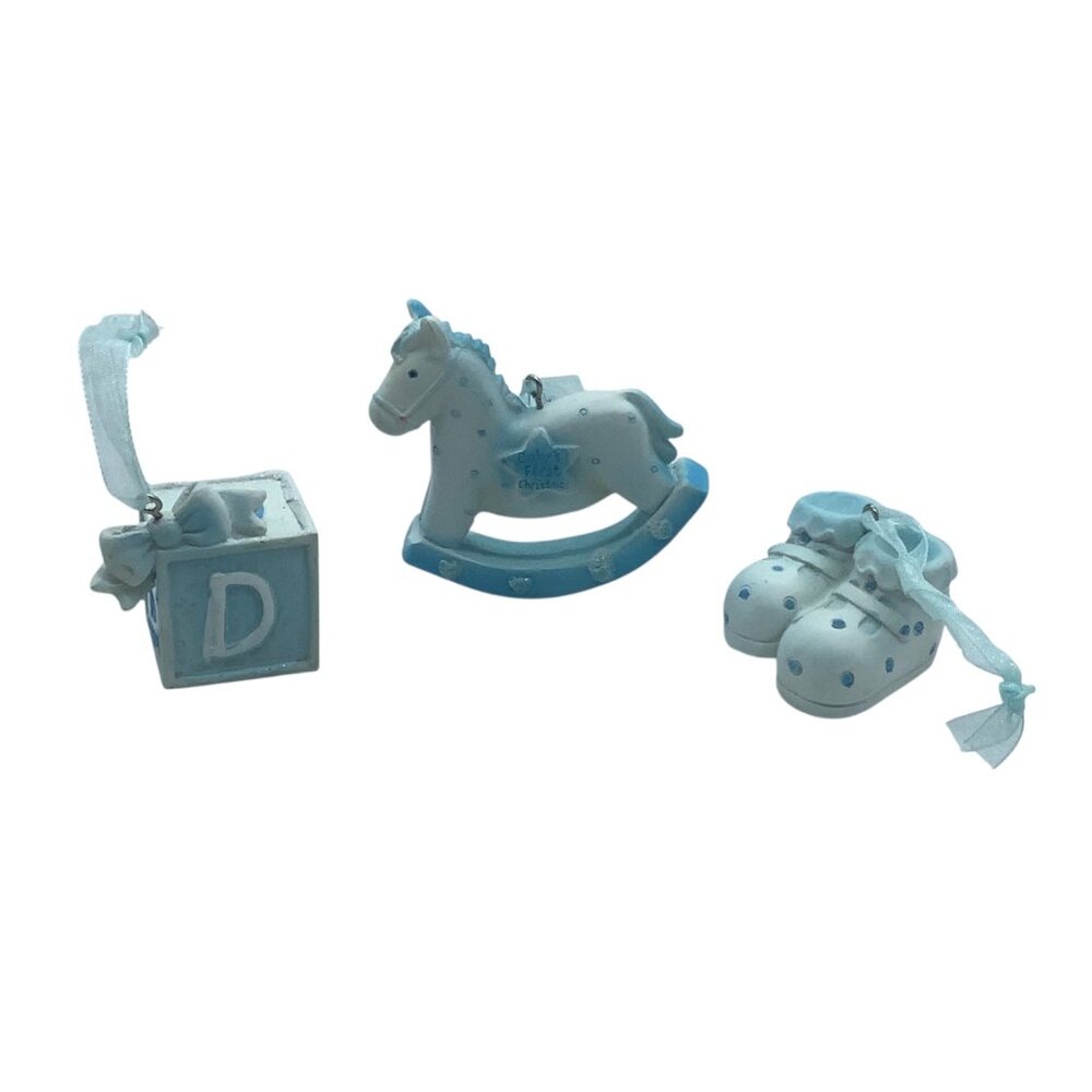 Vtg Babys First Christmas Ornament Set Rocking Horse Baby‎ Shoes Block Blue